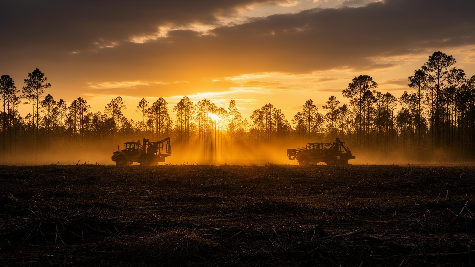 Forestry equipment at sunset