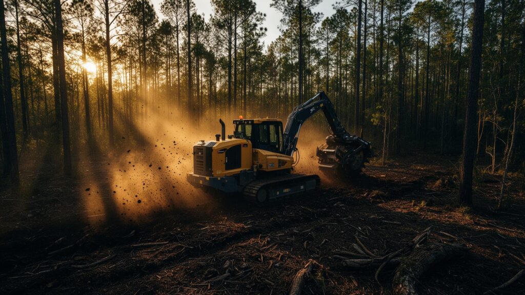 Forestry mulching at sunset